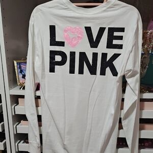 Victoria's Secret White Long Sleeve with Black and Pink Graphic